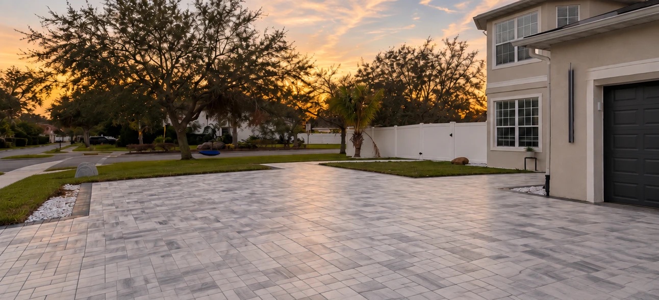 Paver driveway at dusk