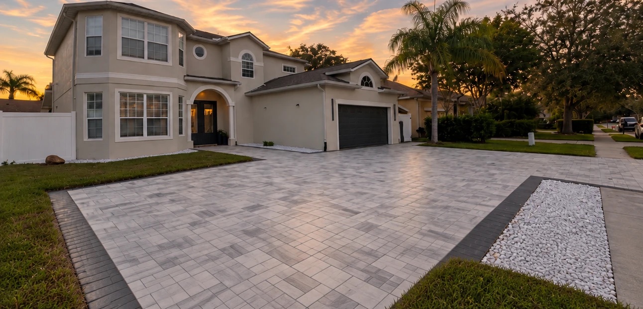 Paver driveway and entry with border and stone bed
