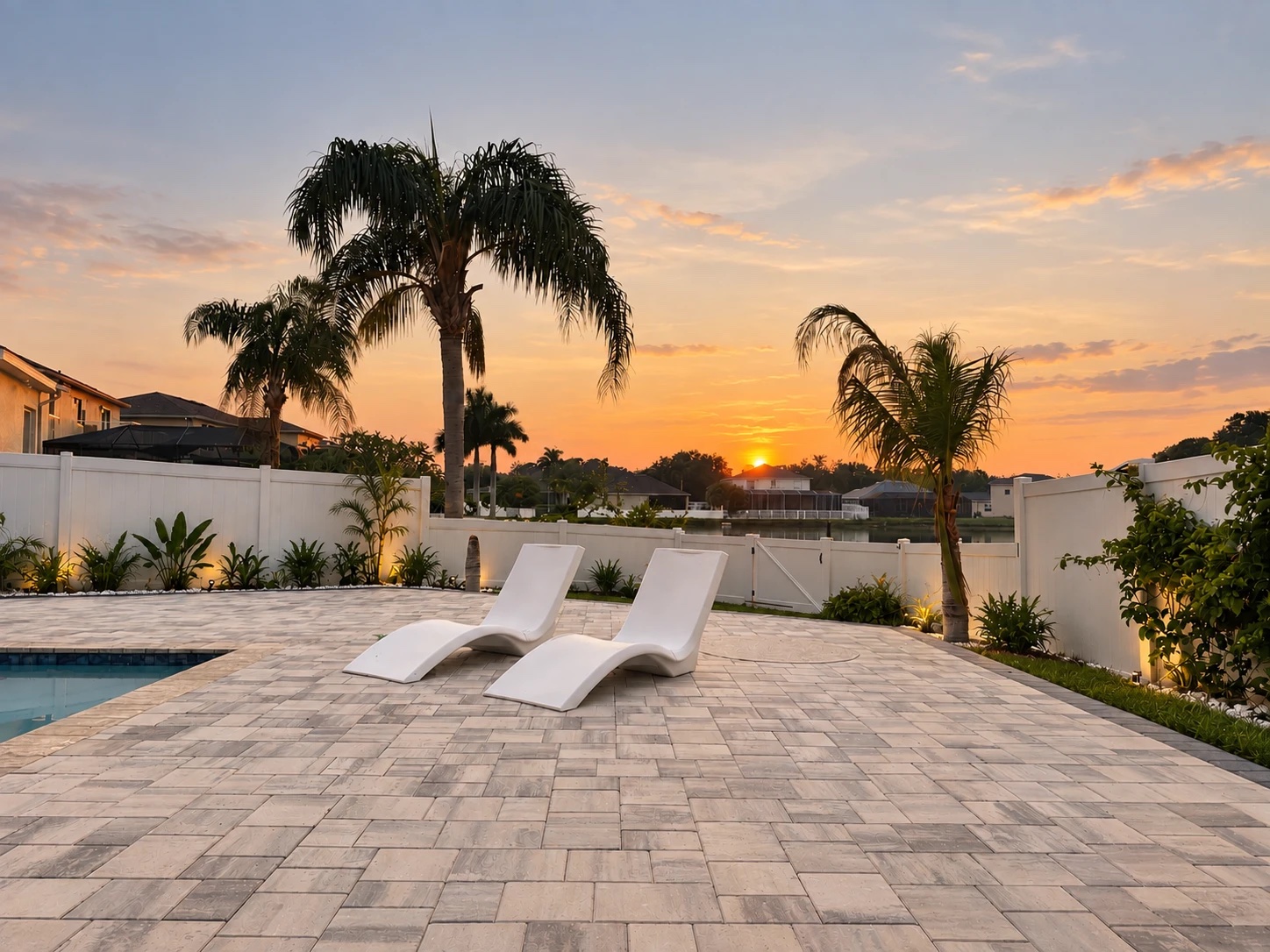 Brick paver pool deck at sunset